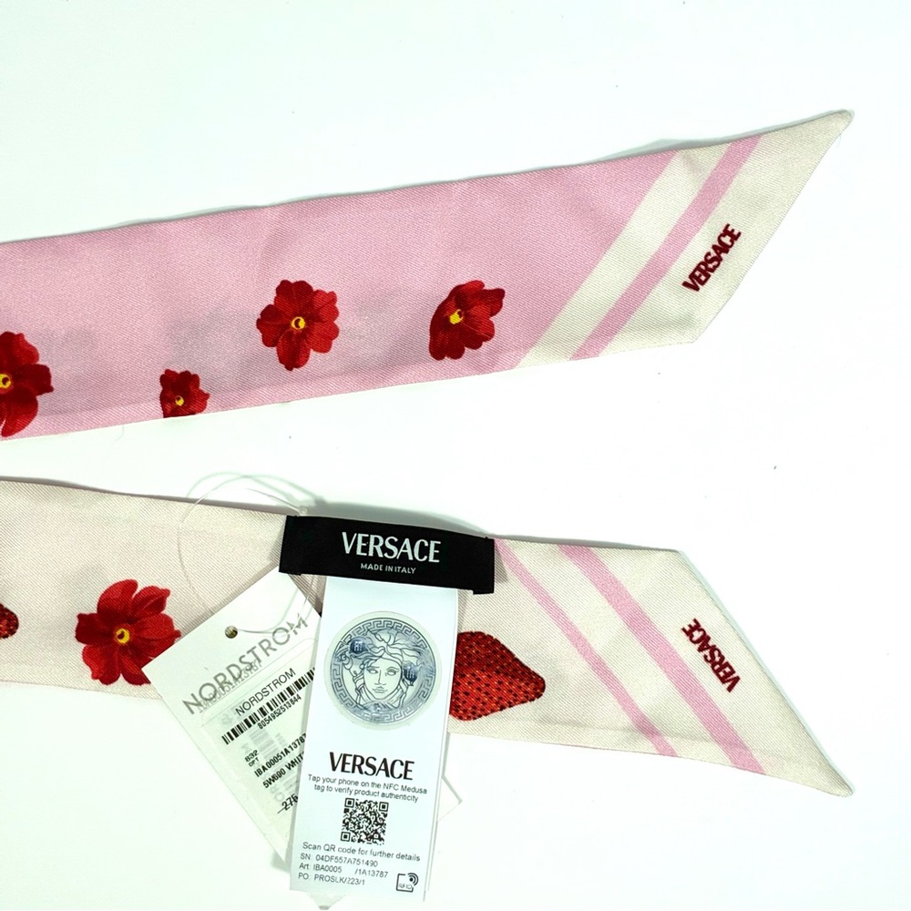 Versace Strawberry Garden Silk Skinny Twill Scarf Tie Logo Pink Red NWT - Picture 6 of 16